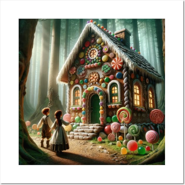 Whimsical Encounter in the Woods: Hansel and Gretel's First Glimpse of the Gingerbread Cottage Wall Art by Fossilized Pixel